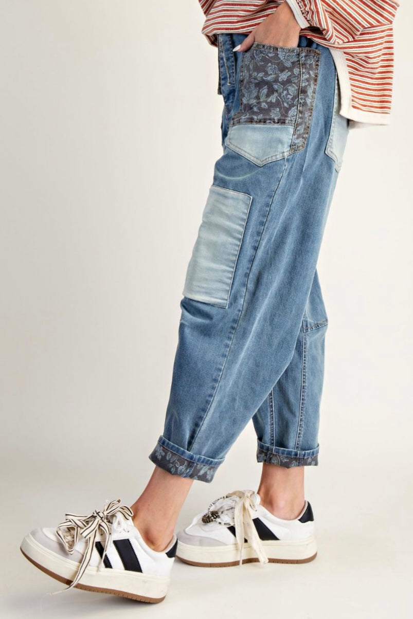 Print Mix Patch Barrel Jeans