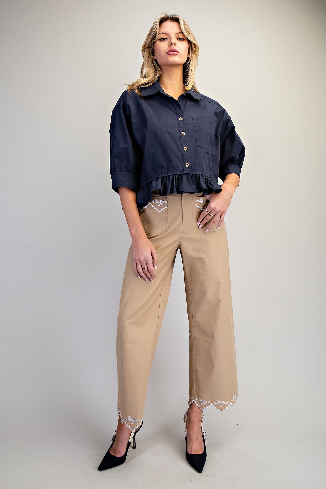 Button Down Peplum Hem Blouse