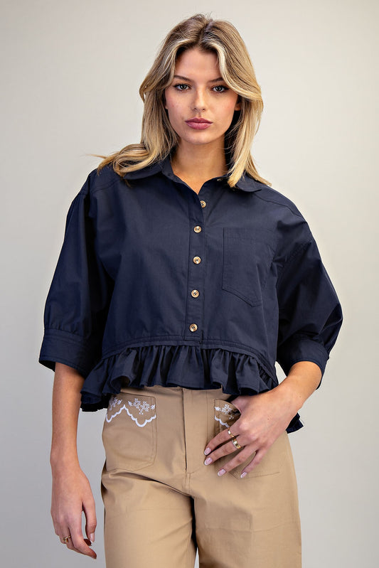 Button Down Peplum Hem Blouse