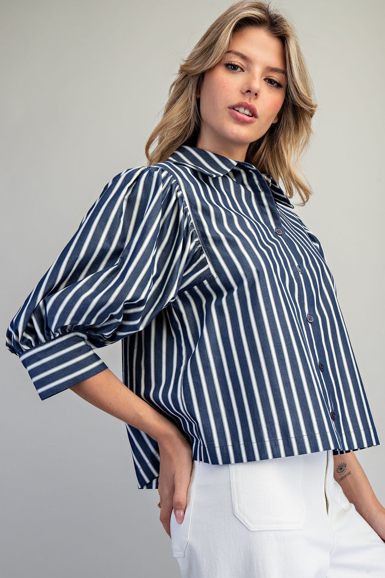 Striped Button Down Cropped Shirt - 2 Colors