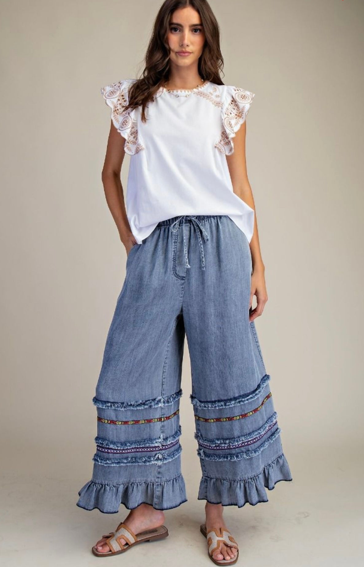 Ruffle Botton Stone Washed Pant