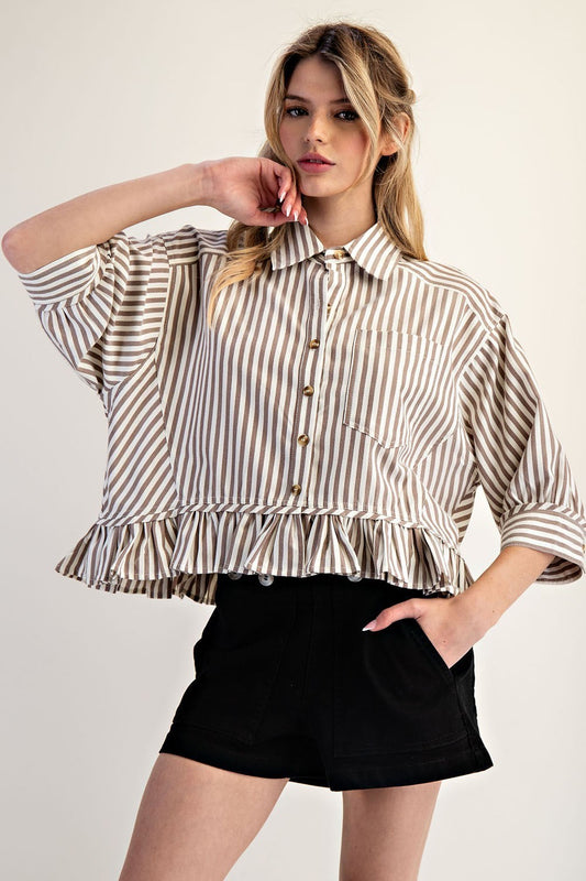 Striped Ruffle Hem Button Up Blouse - 2 Colors