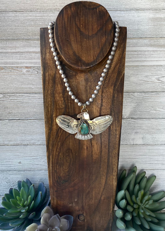 Turquoise Thunderbird & Silver Pearl Necklace