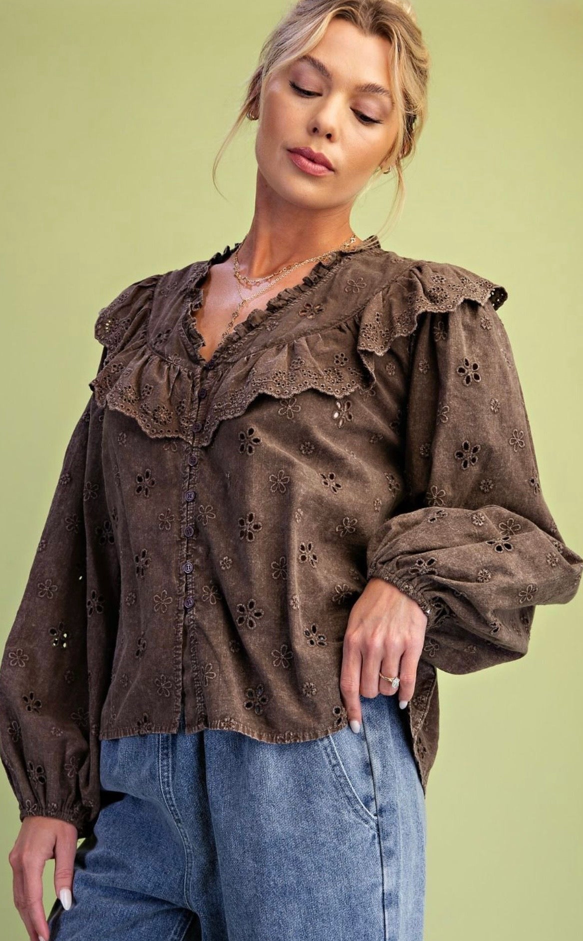 Washed Eyelet Cotton Woven Blouse