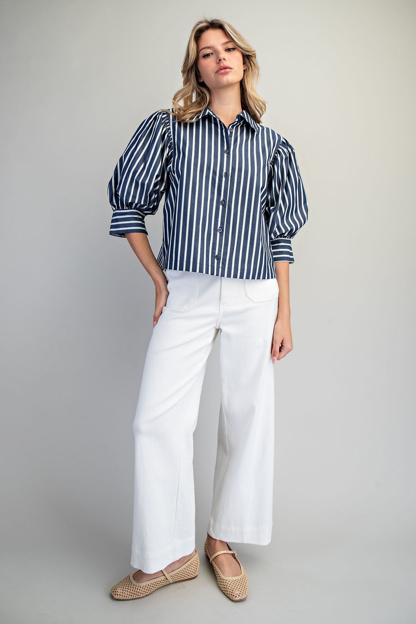 Striped Button Down Cropped Shirt - 2 Colors