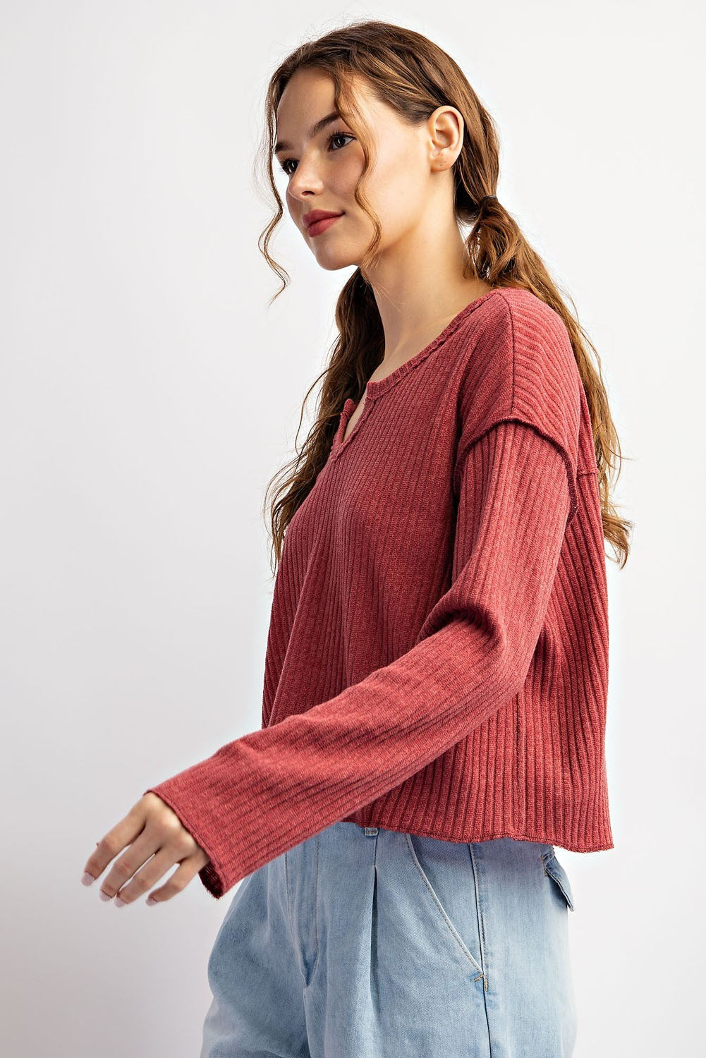 Long Sleeve Notched Neck Top