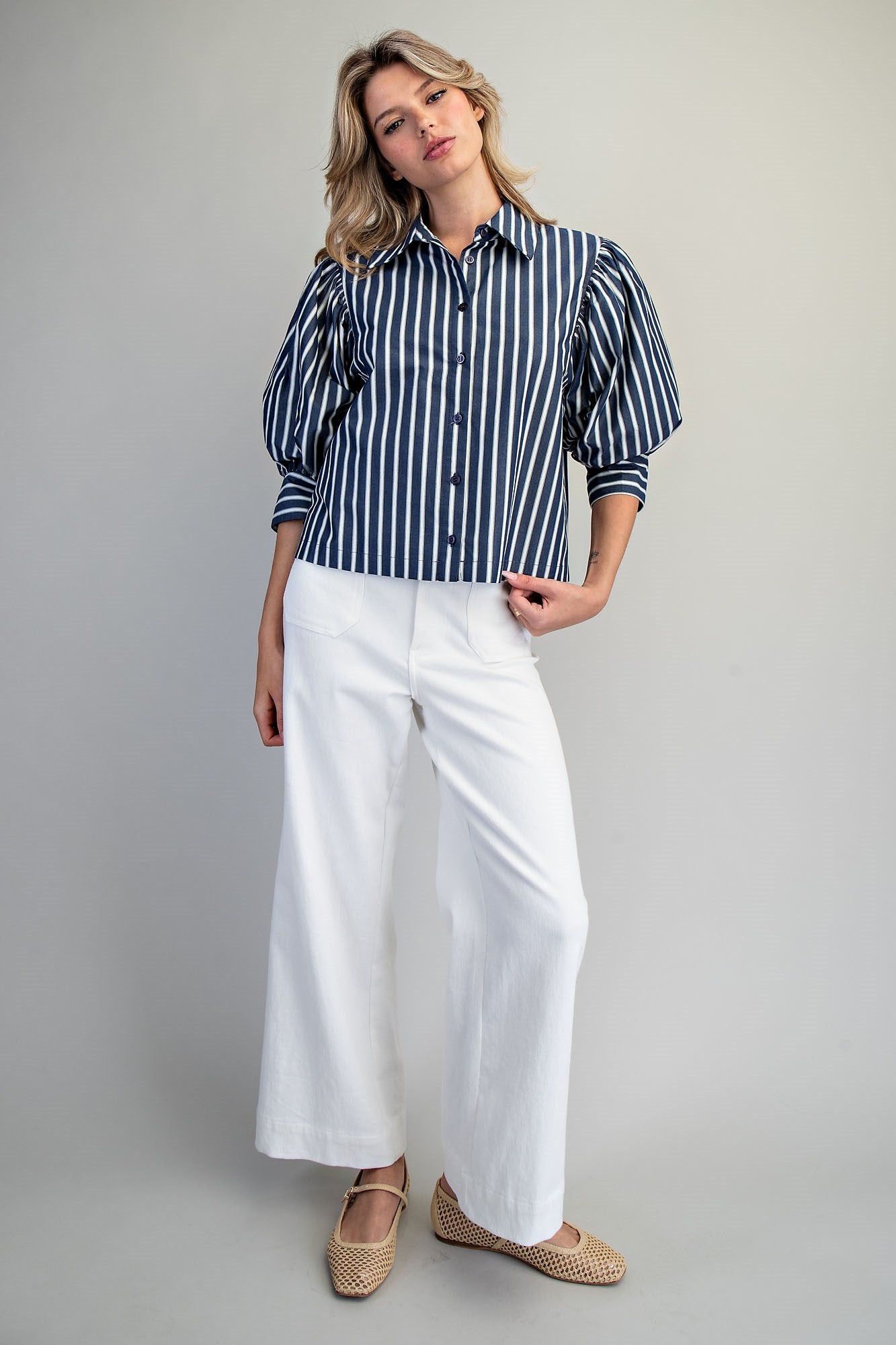 Striped Button Down Cropped Shirt - 2 Colors