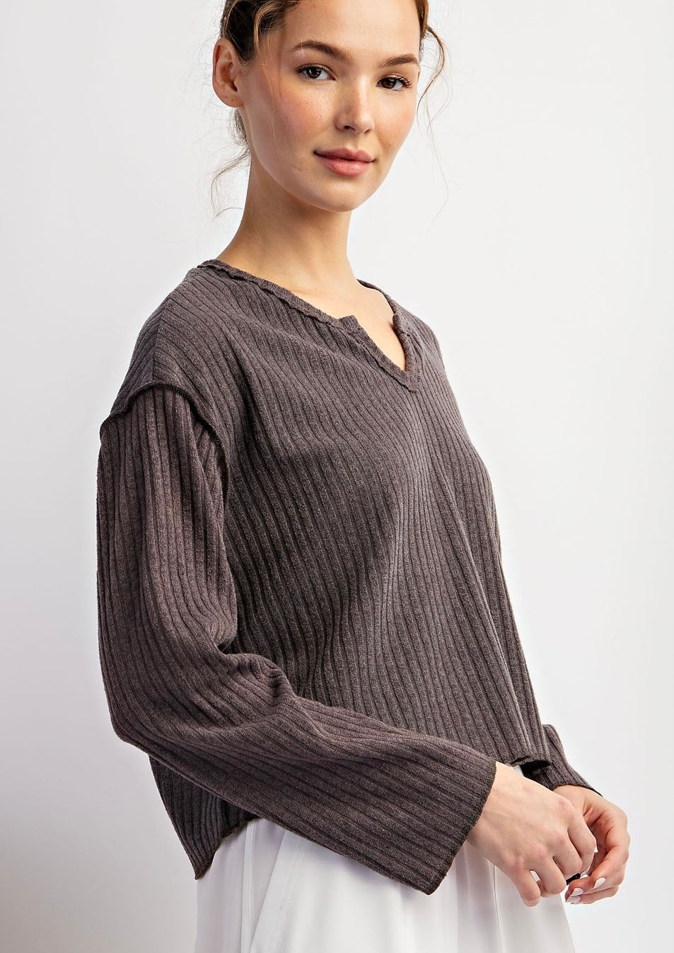 Long Sleeve Notched Neck Top