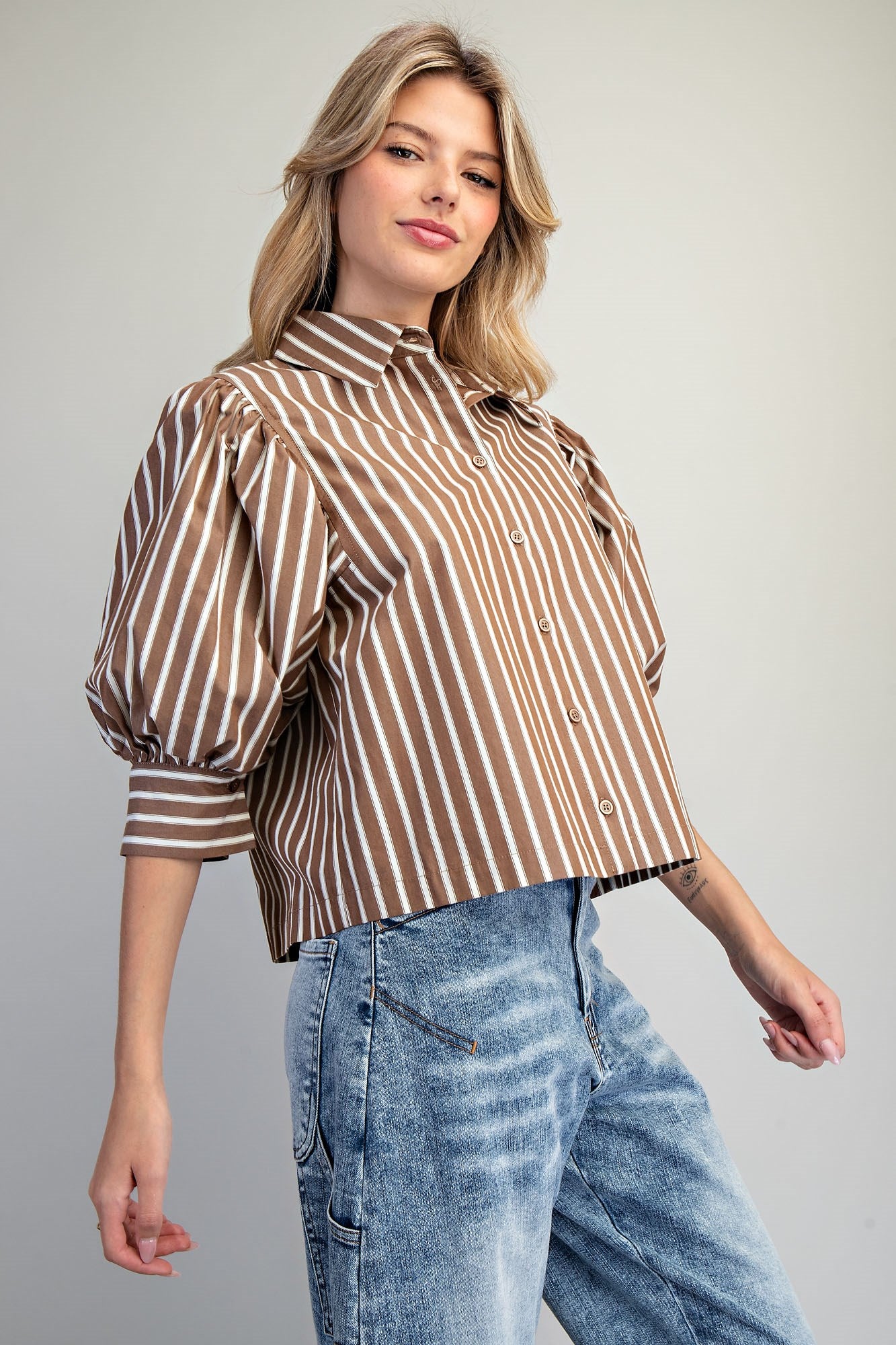 Striped Button Down Cropped Shirt - 2 Colors