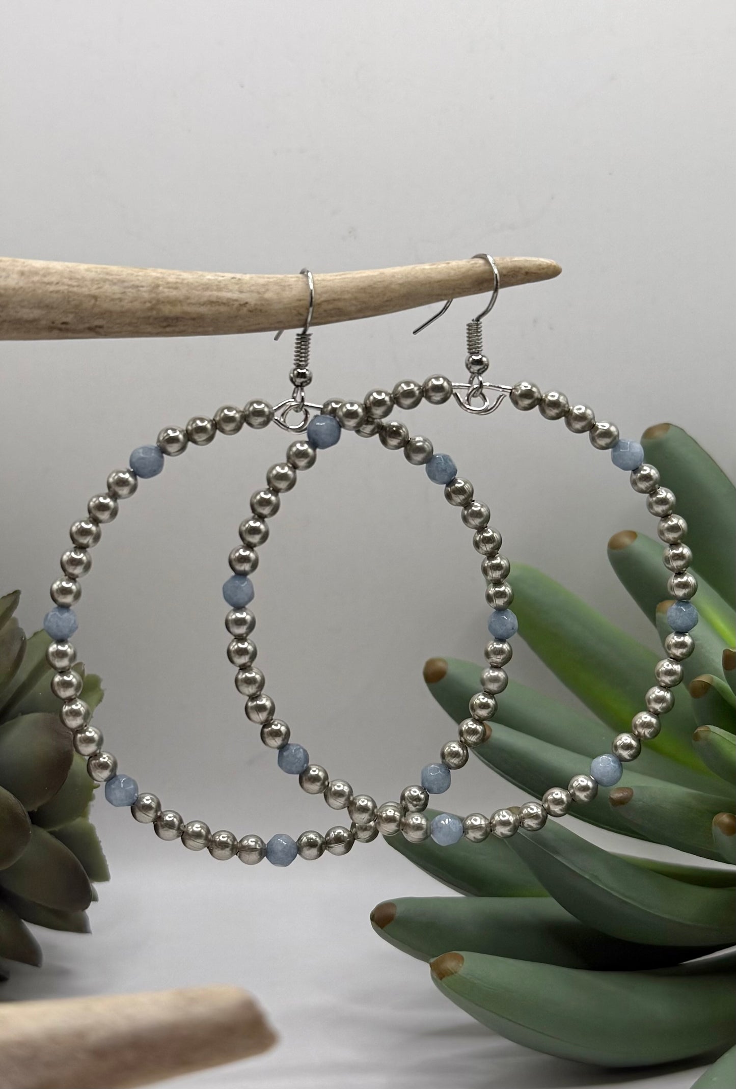 Denim Blue and Silver Large Hoop Earrings
