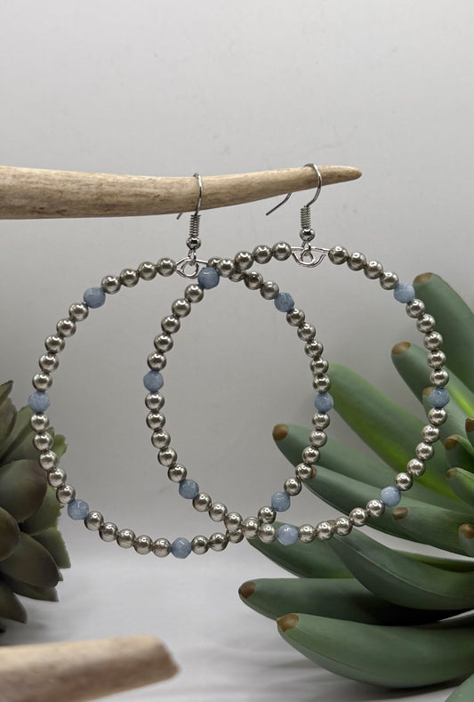 Denim Blue and Silver Large Hoop Earrings
