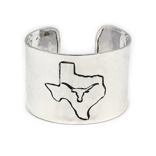 Silver Adjustable Cuff Bracelet - Texas with Longhorn