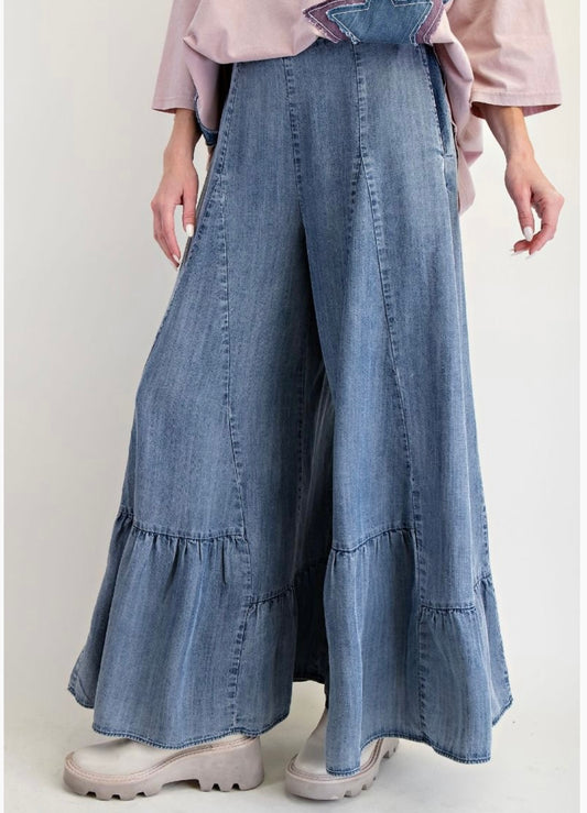 Ruffle Bottom Denim Palazzo Pants