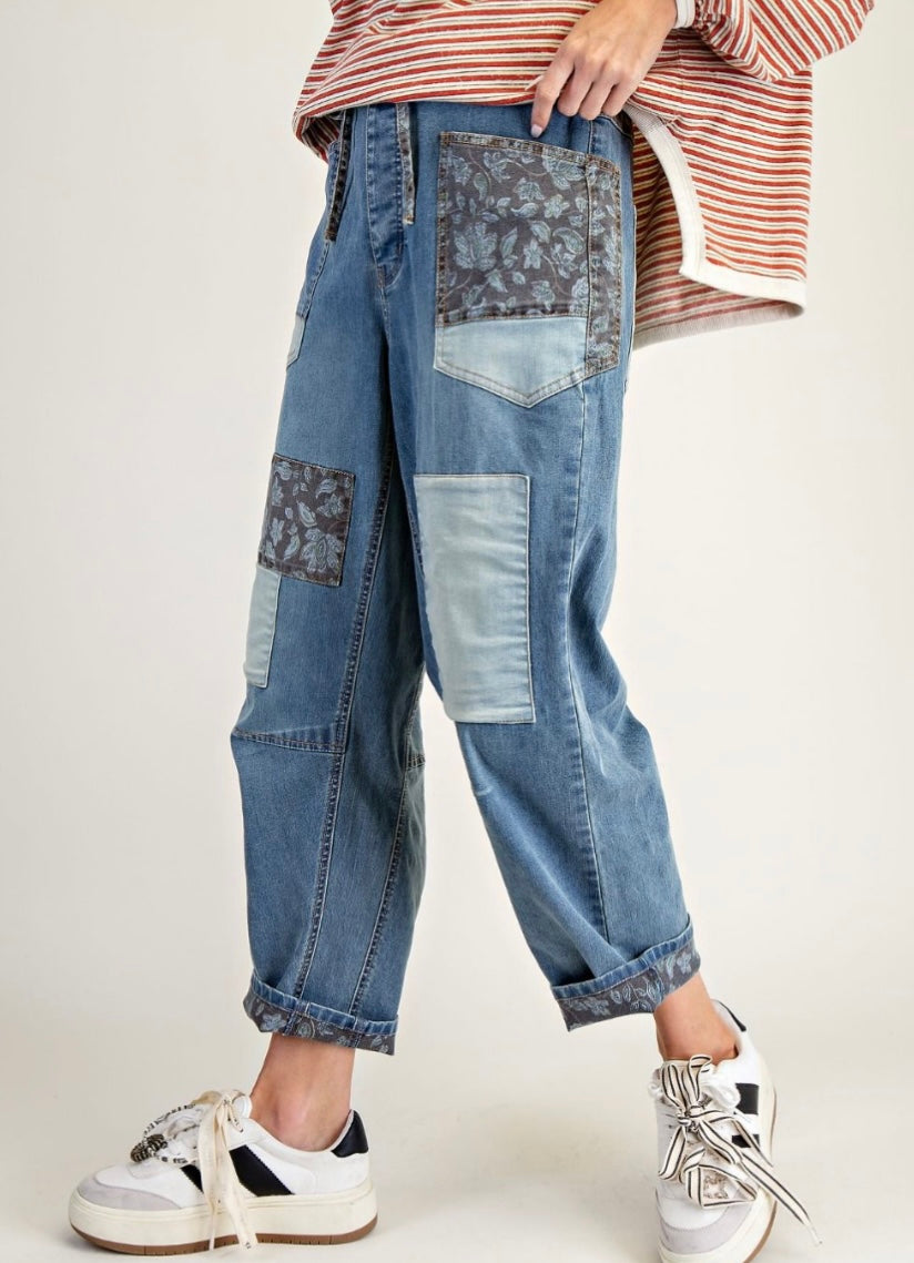 Print Mix Patch Barrel Jeans
