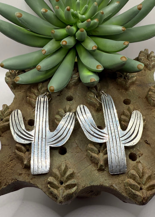 Large Silver Cactus Earrings