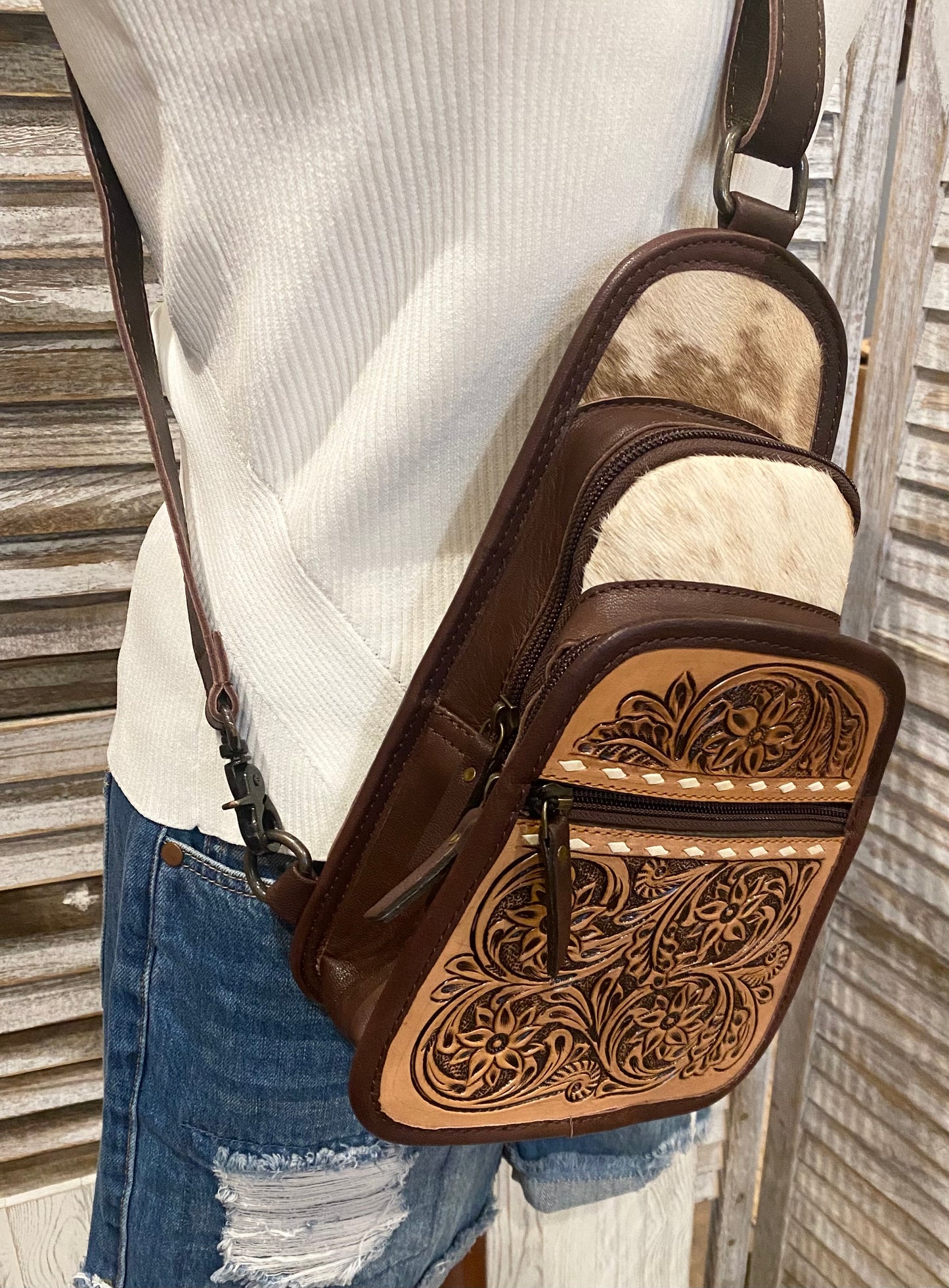 Cowhide Leather Sling Bag.