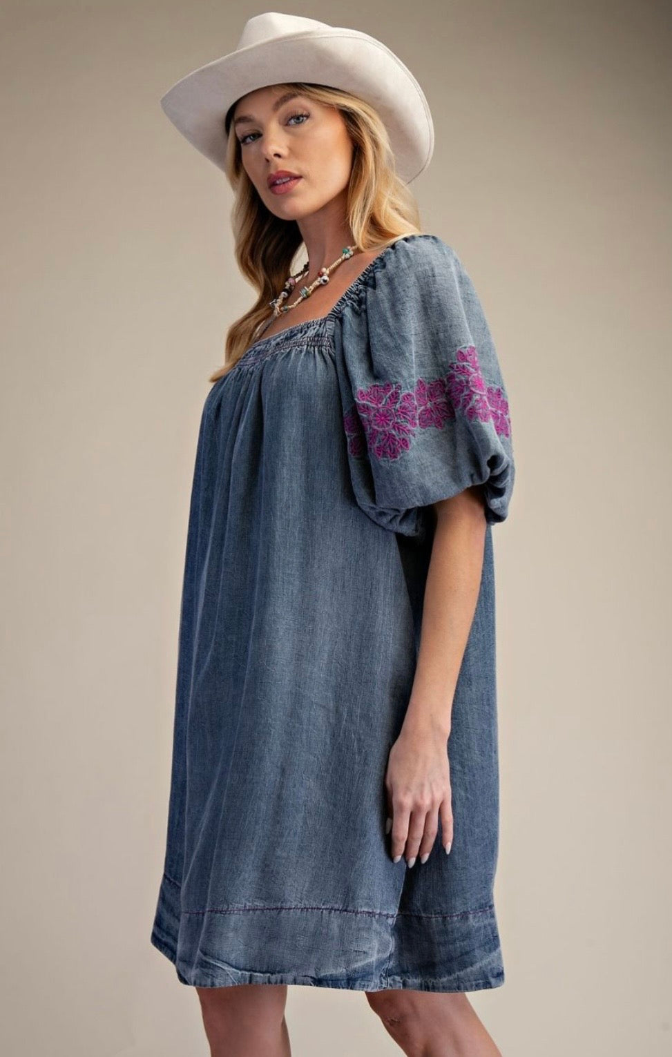 Embroidery Detailing Washed Denim Dress