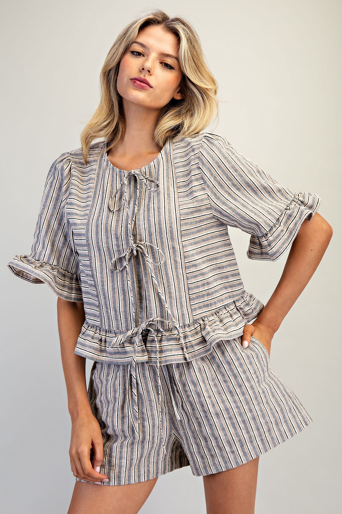 Striped Front Tie Ruffled Blouse Top