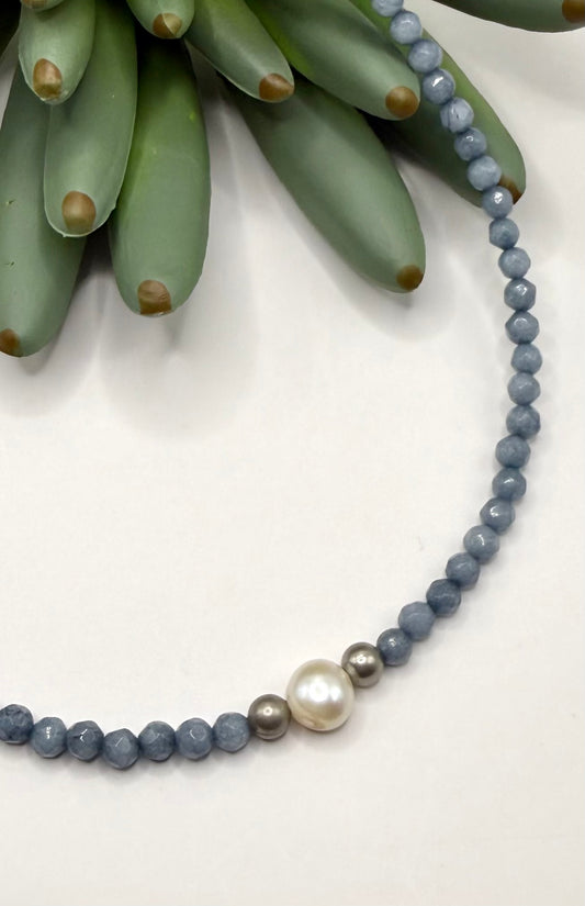 Denim Blue & Freshwater Pearl Choker Necklace