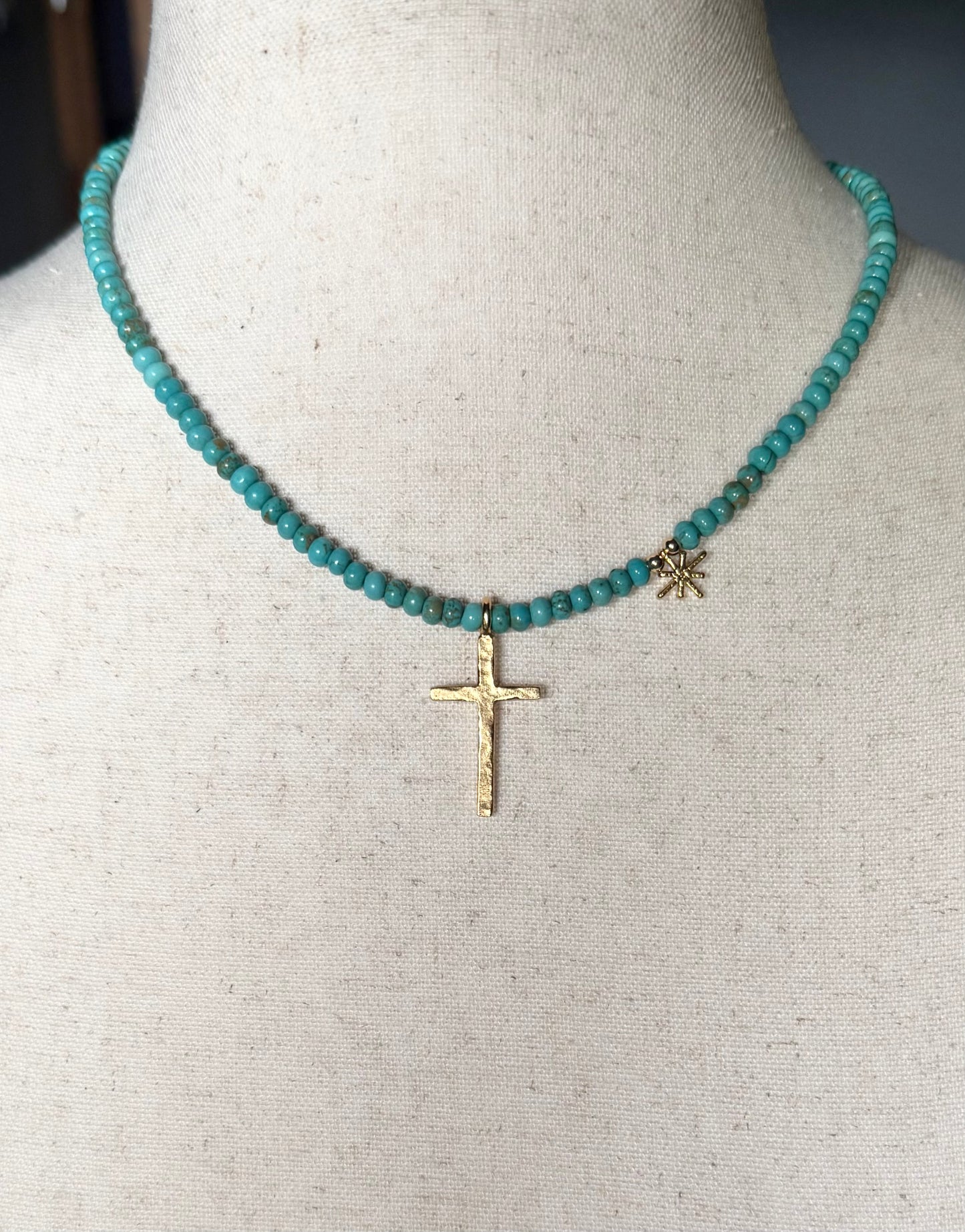Gold Cross & Star Turquoise Necklace