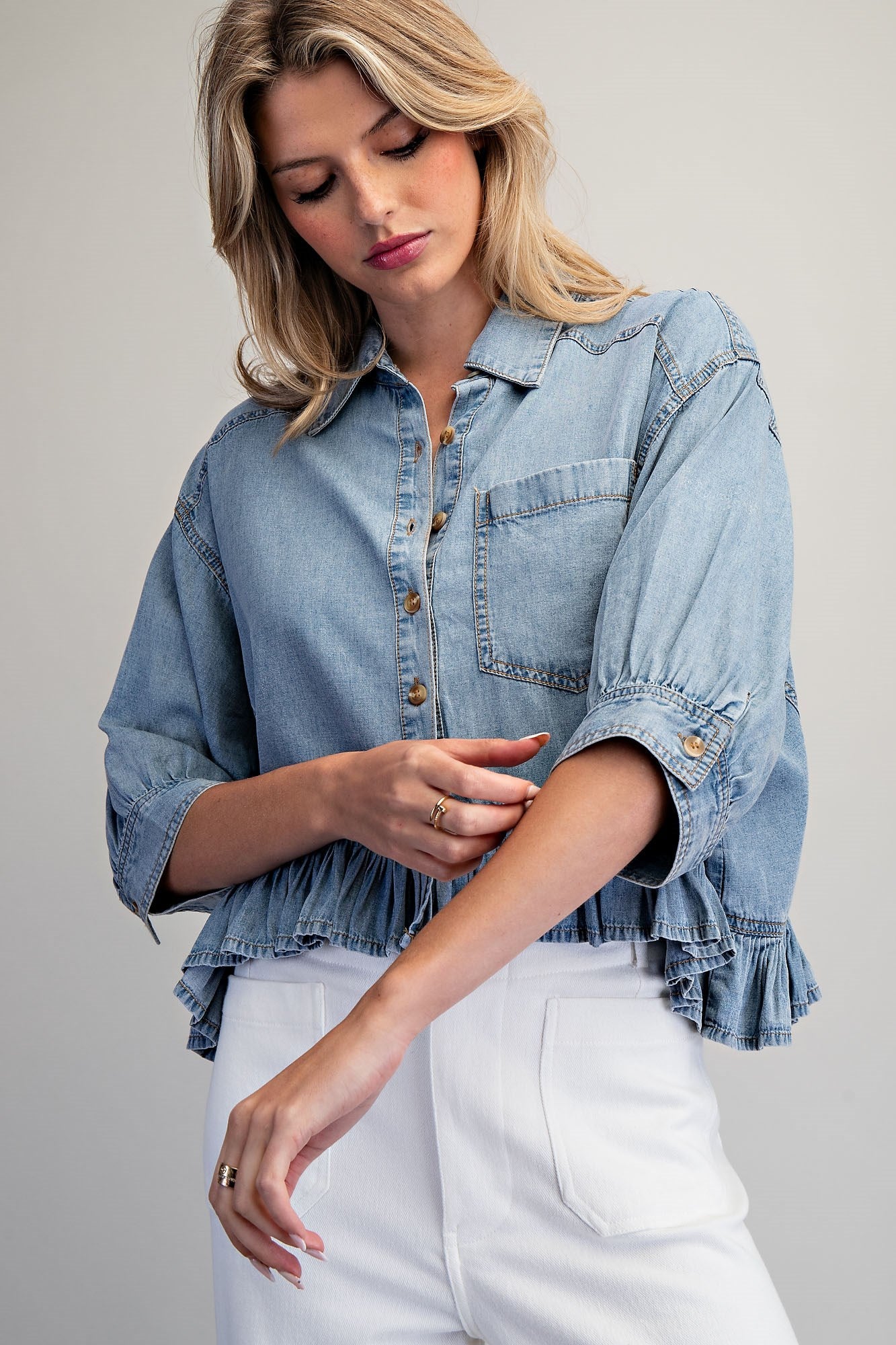 Ruffled Hem Button Down Denim Top