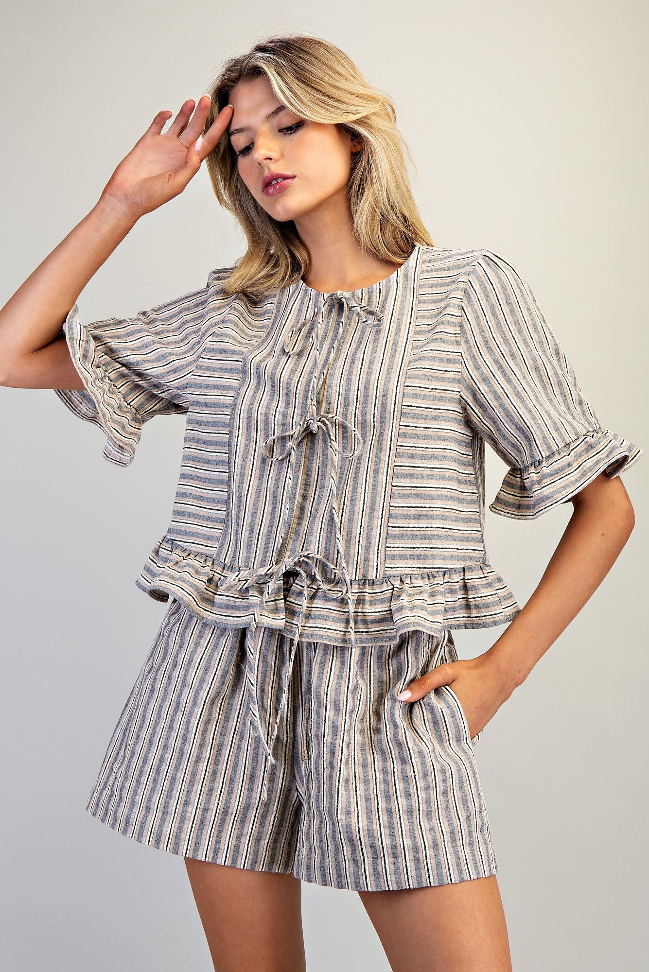Striped Front Tie Ruffled Blouse Top