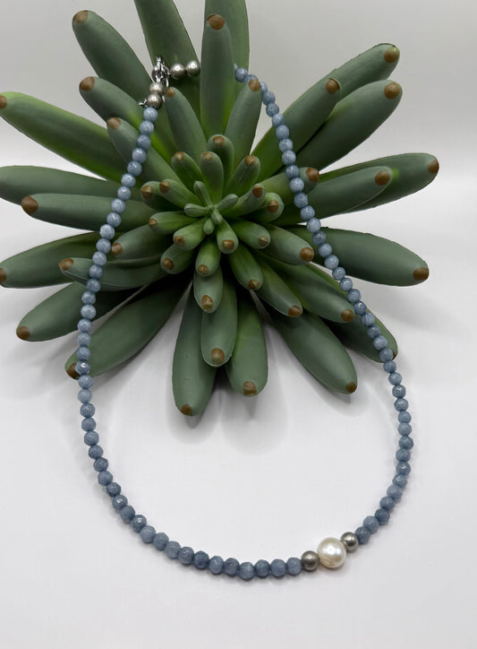 Denim Blue & Freshwater Pearl Choker Necklace