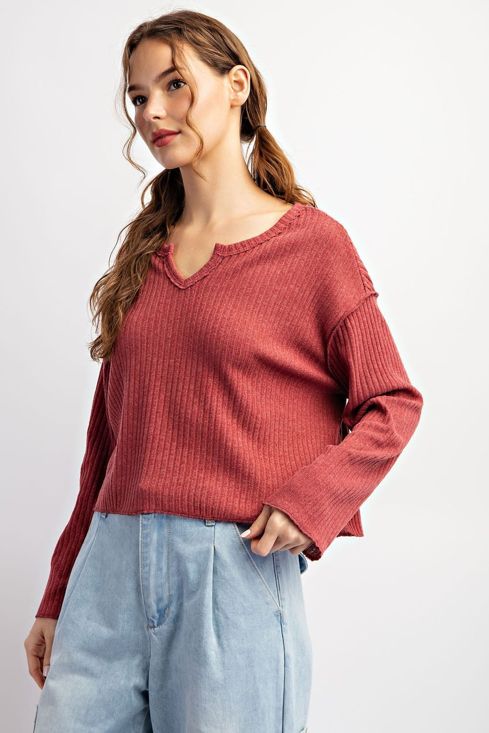 Long Sleeve Notched Neck Top