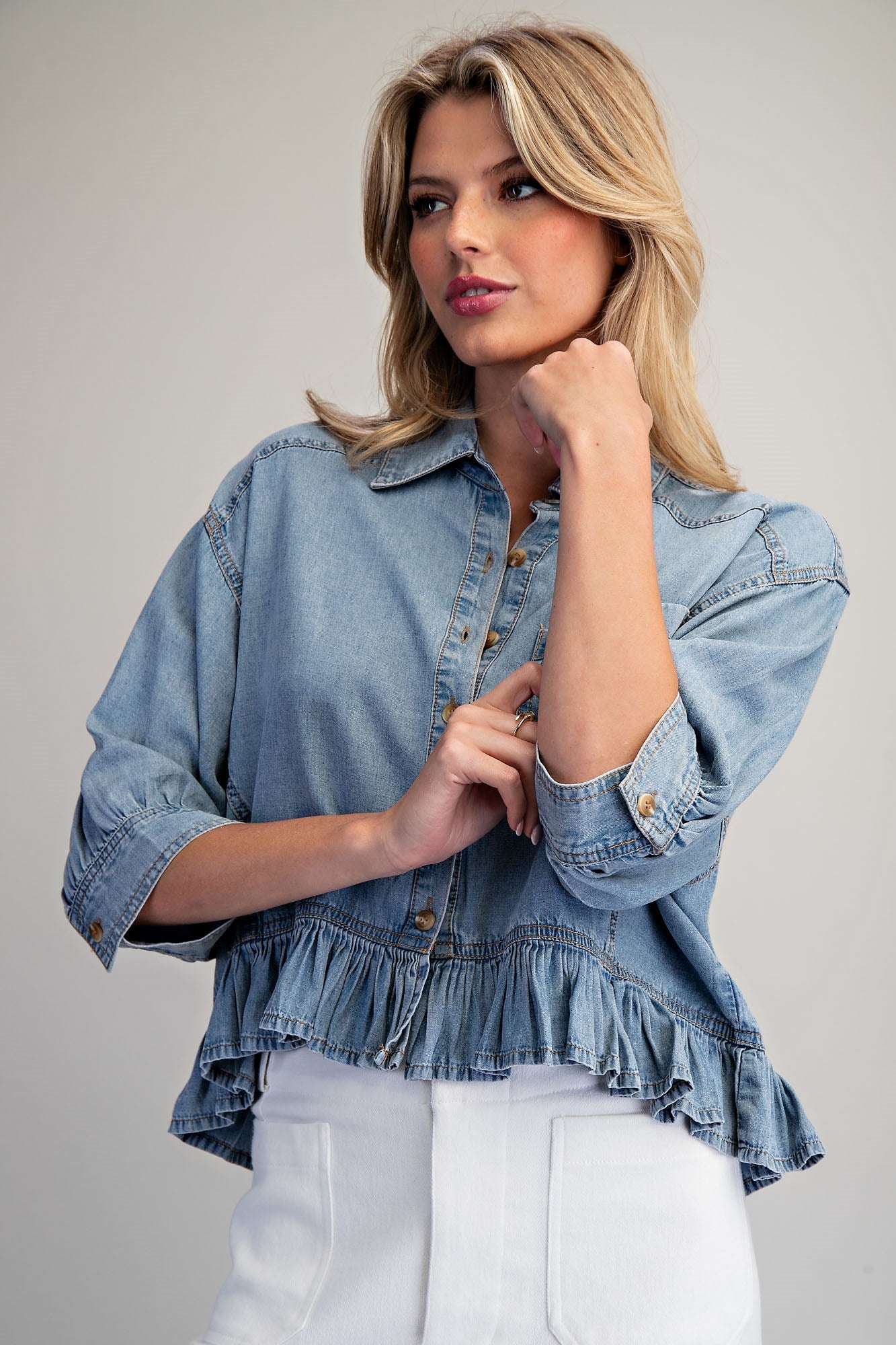 Ruffled Hem Button Down Denim Top