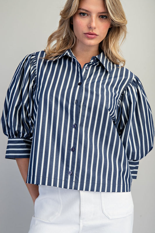 Striped Button Down Cropped Shirt - 2 Colors