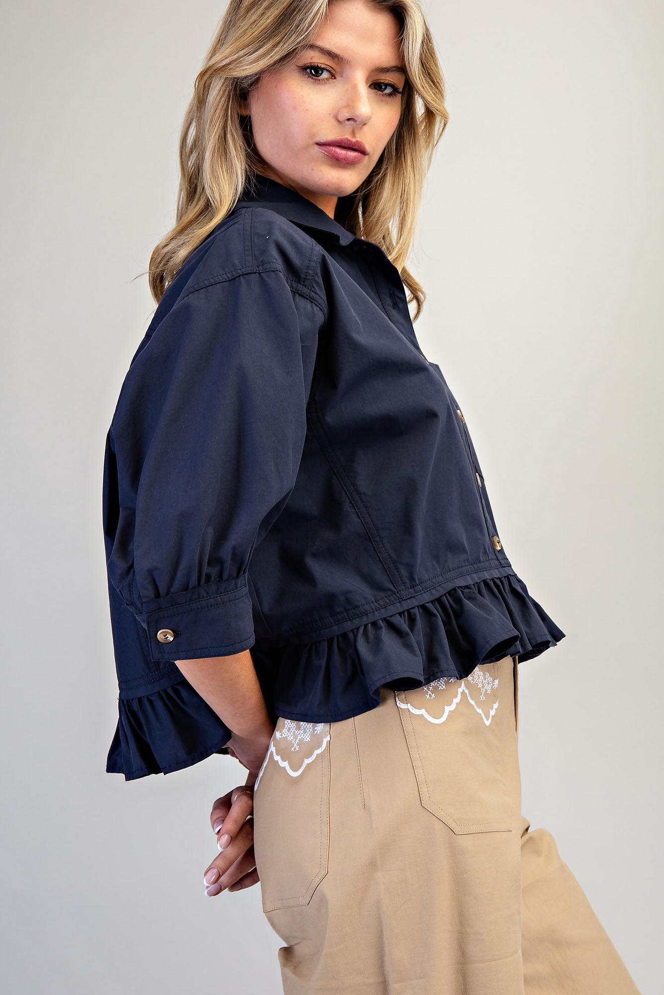 Button Down Peplum Hem Blouse