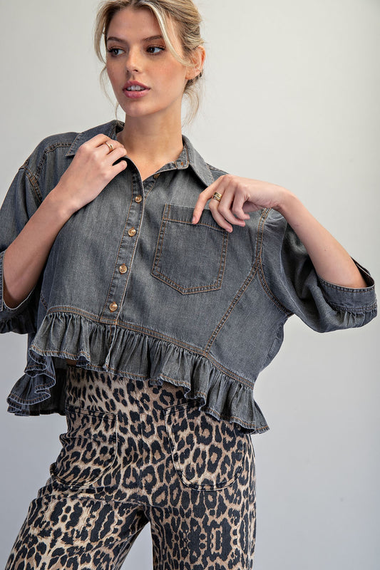 Black Denim Ruffle Hem Blouse