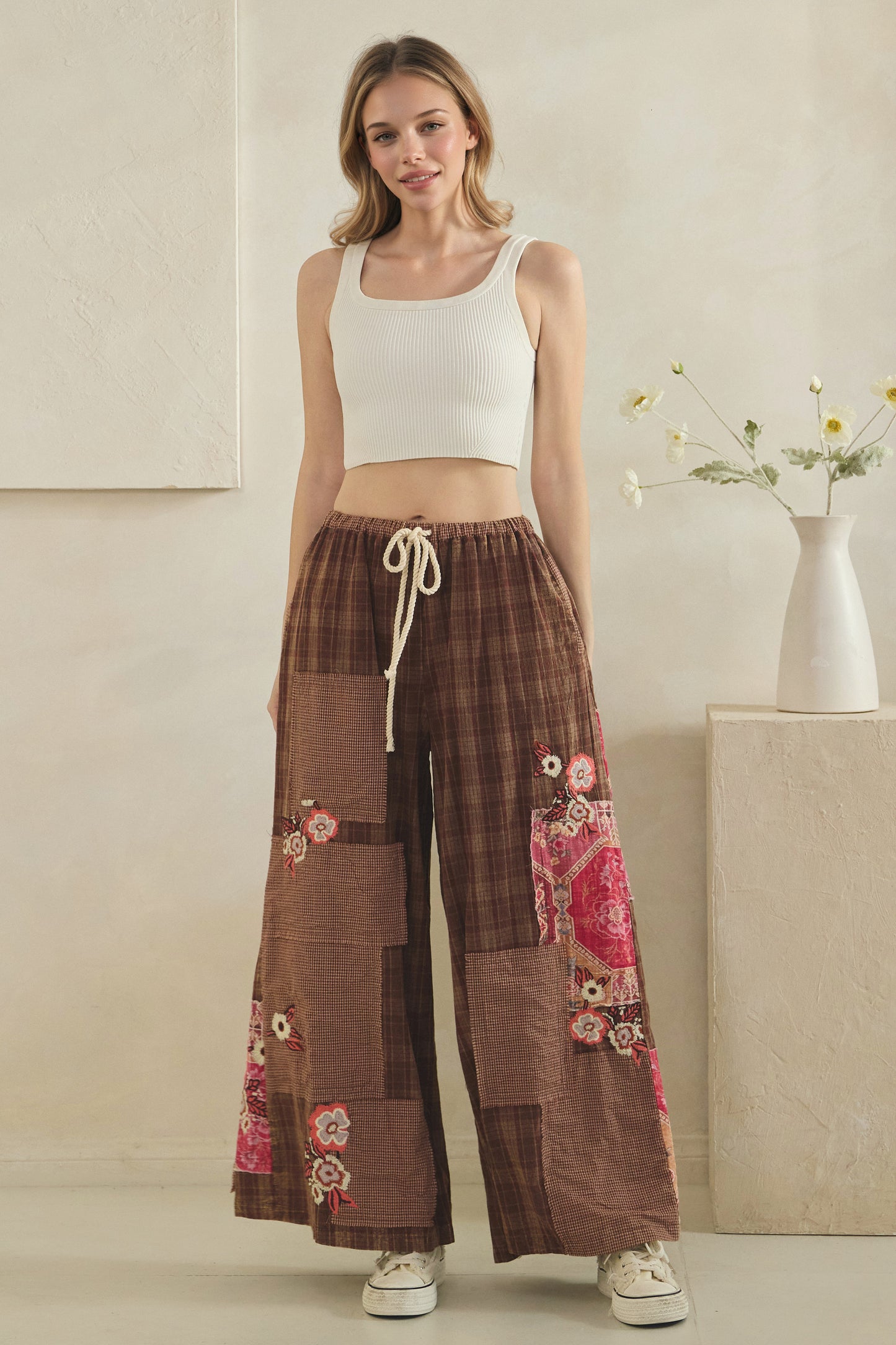Embroidered Patchwork Plaid Pants