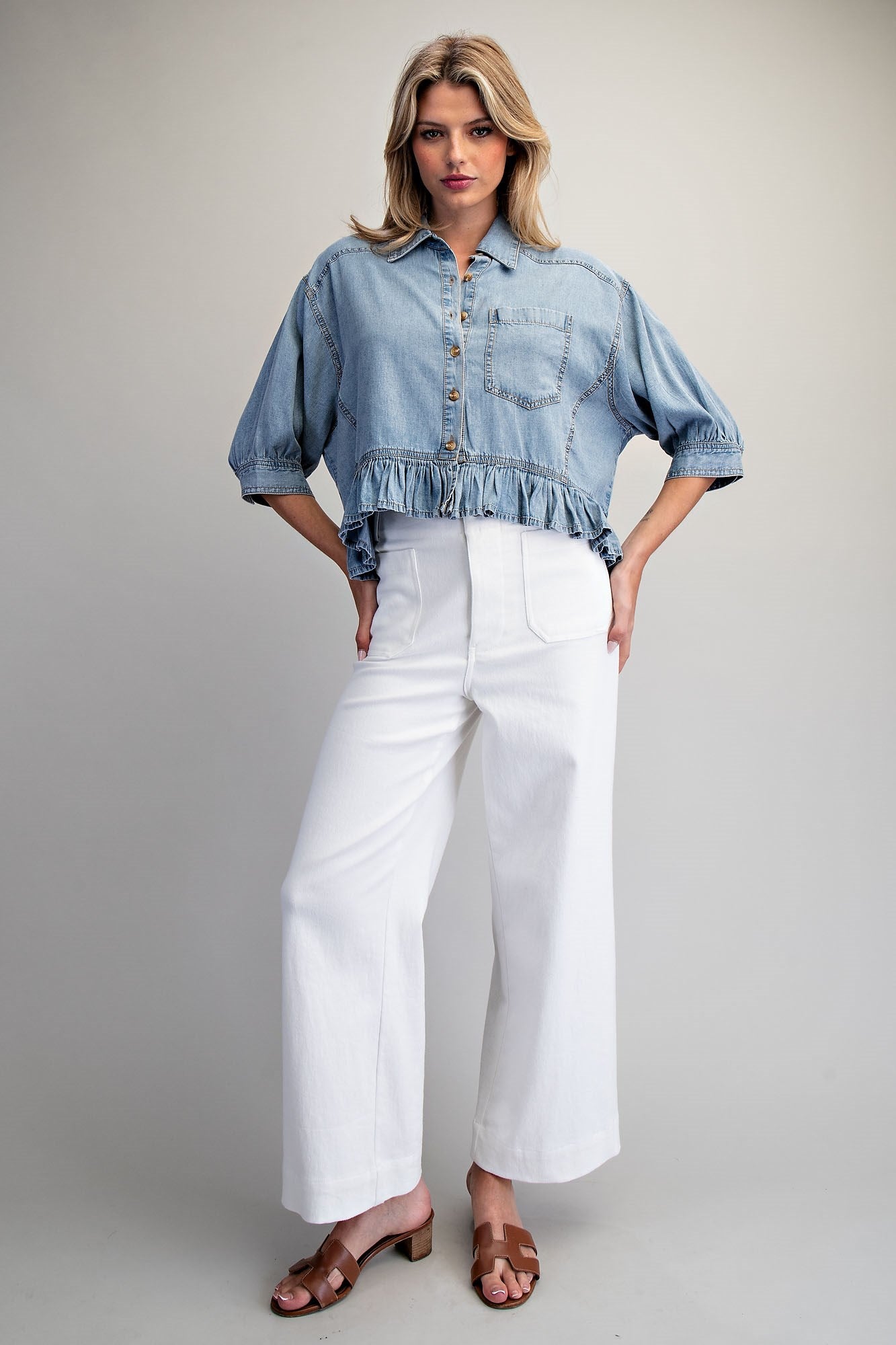 Ruffled Hem Button Down Denim Top