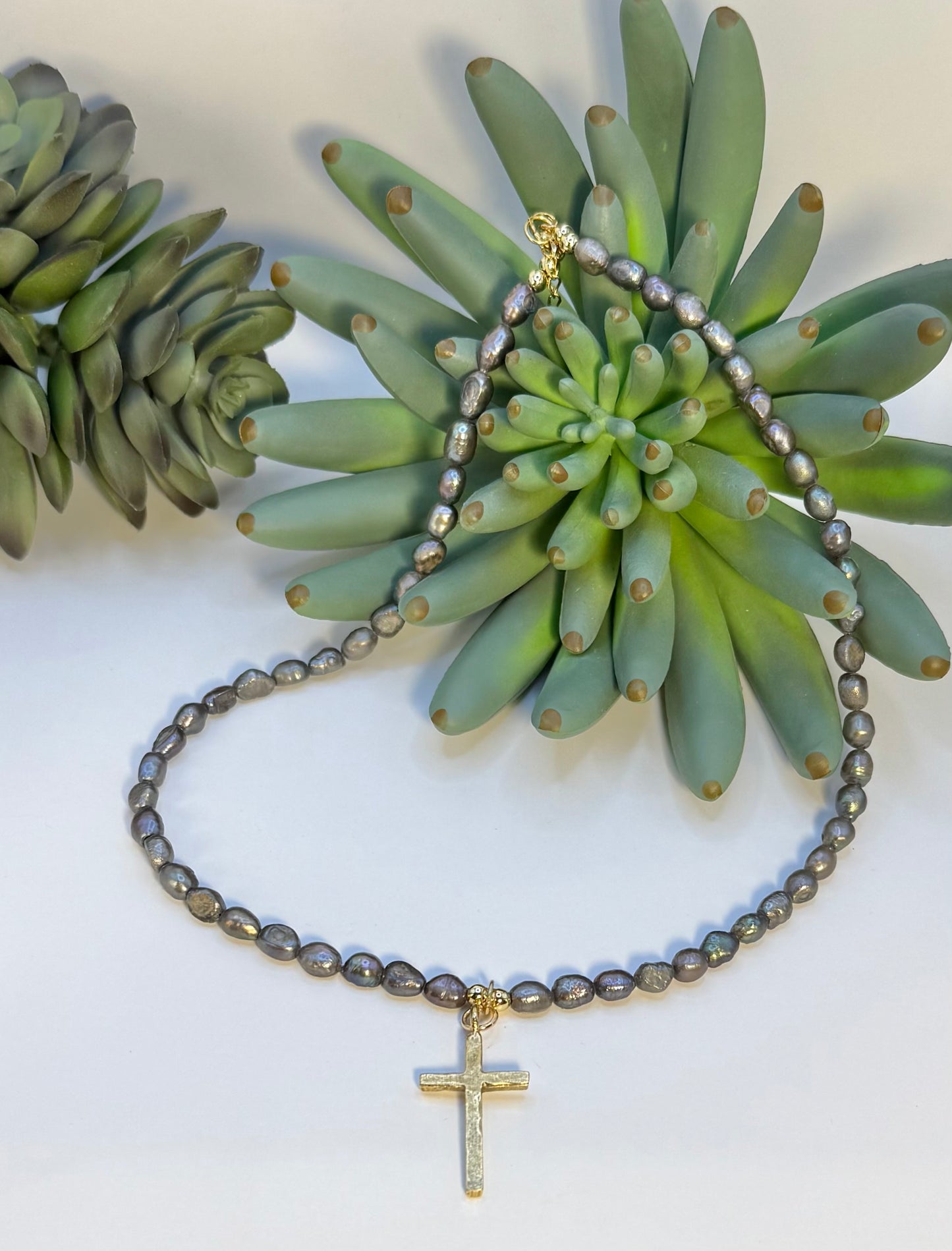 Peacock Pearls & Gold Cross Necklace