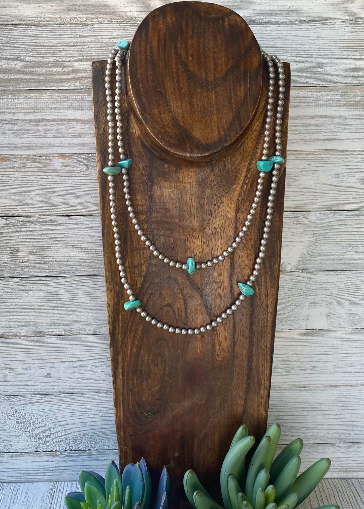 Long Silver & Turquoise Nugget Necklace