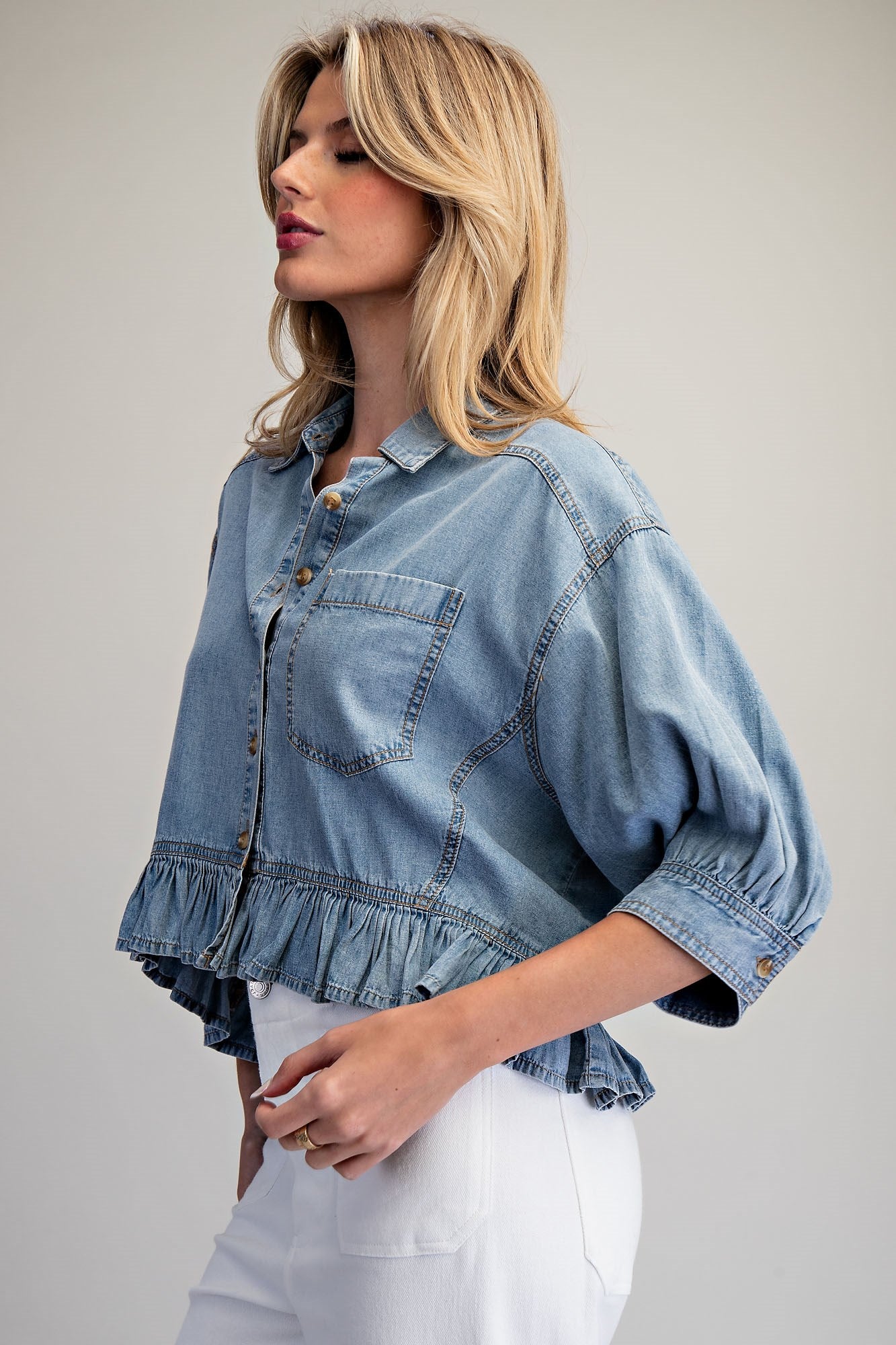 Ruffled Hem Button Down Denim Top