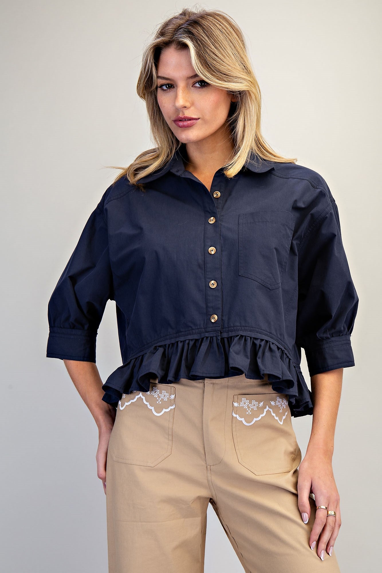 Button Down Peplum Hem Blouse