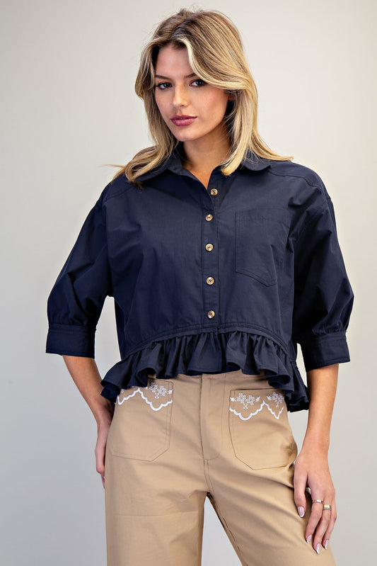 Button Down Peplum Hem Blouse