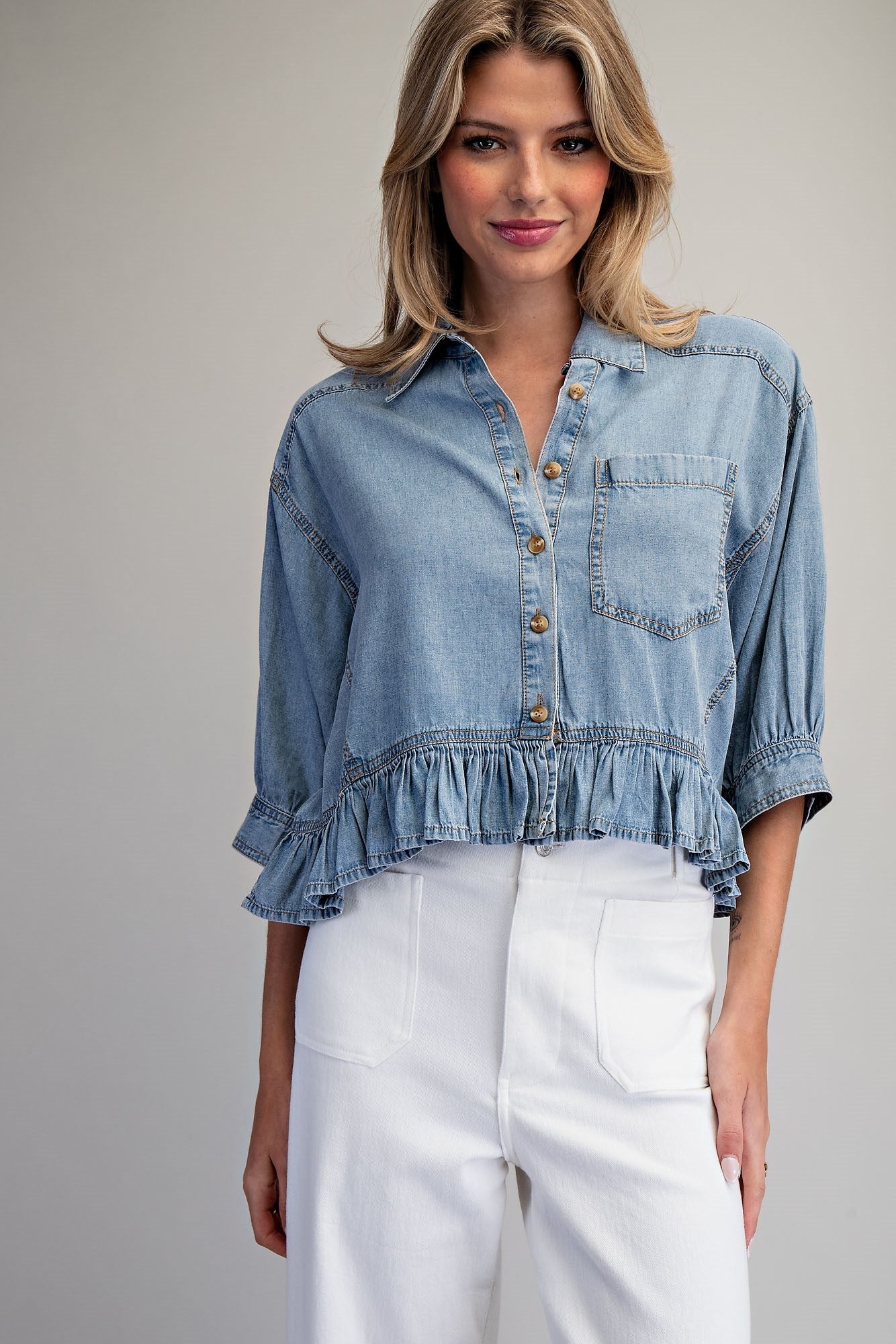 Ruffled Hem Button Down Denim Top