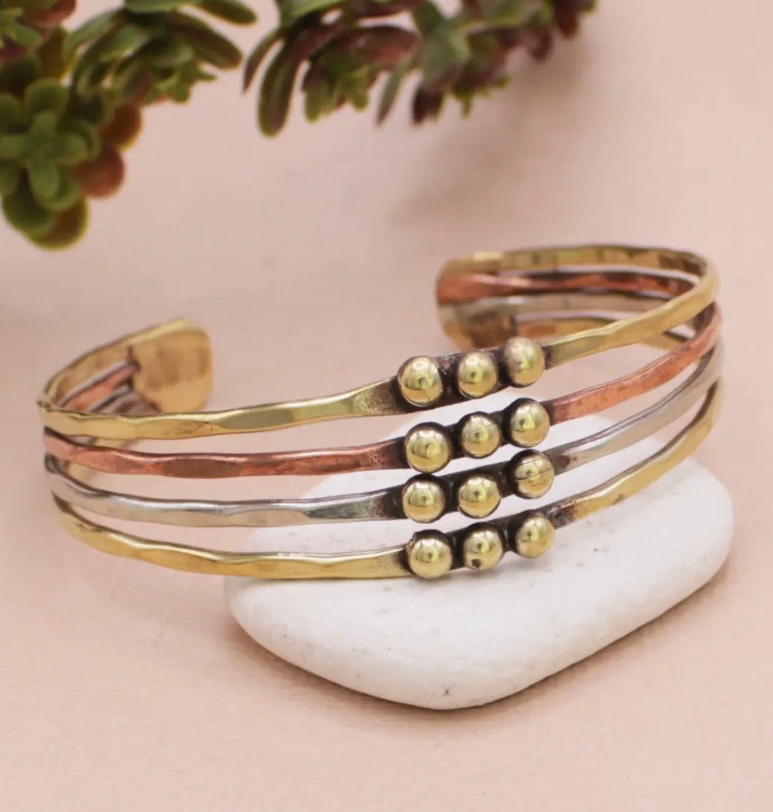 Mixed Metal Hammered Dotted Cuff Bracelet