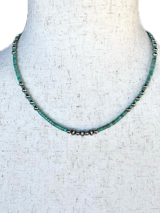 Turquoise Heishi & Silver Pearl Necklace