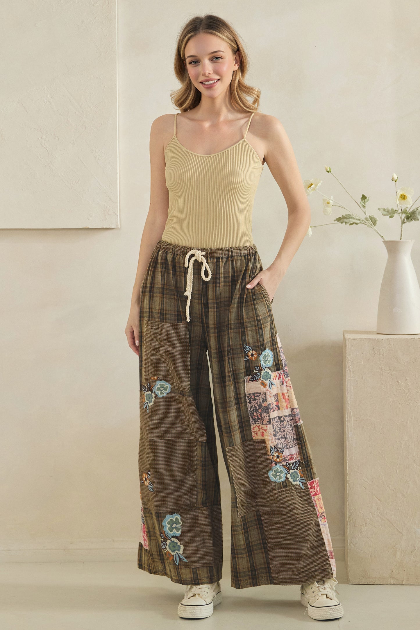 Embroidered Patchwork Plaid Pants