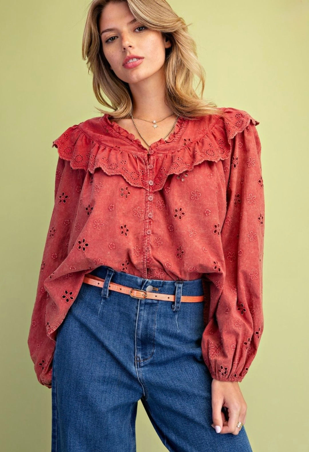 Washed Eyelet Cotton Woven Blouse