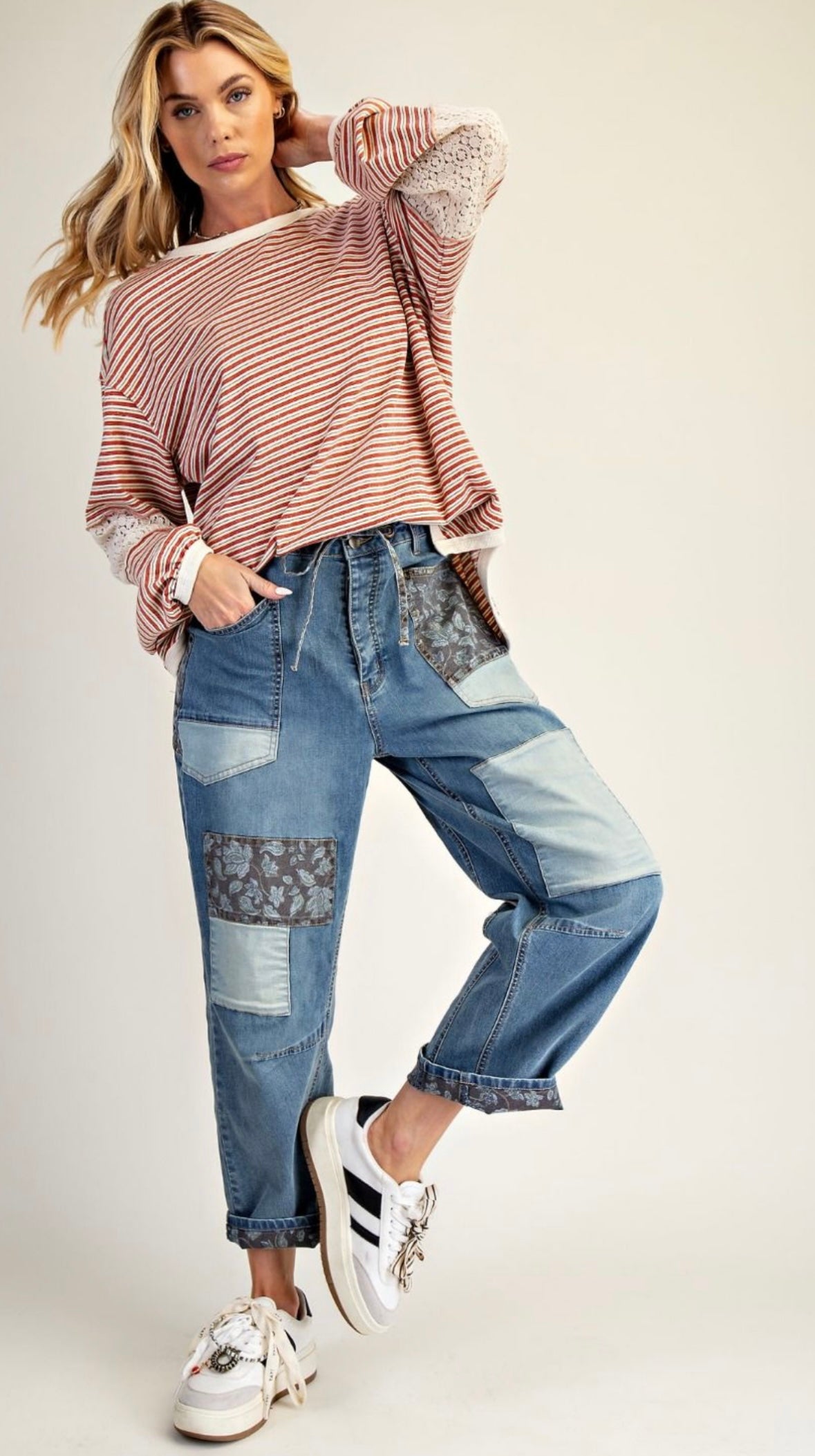 Print Mix Patch Barrel Jeans
