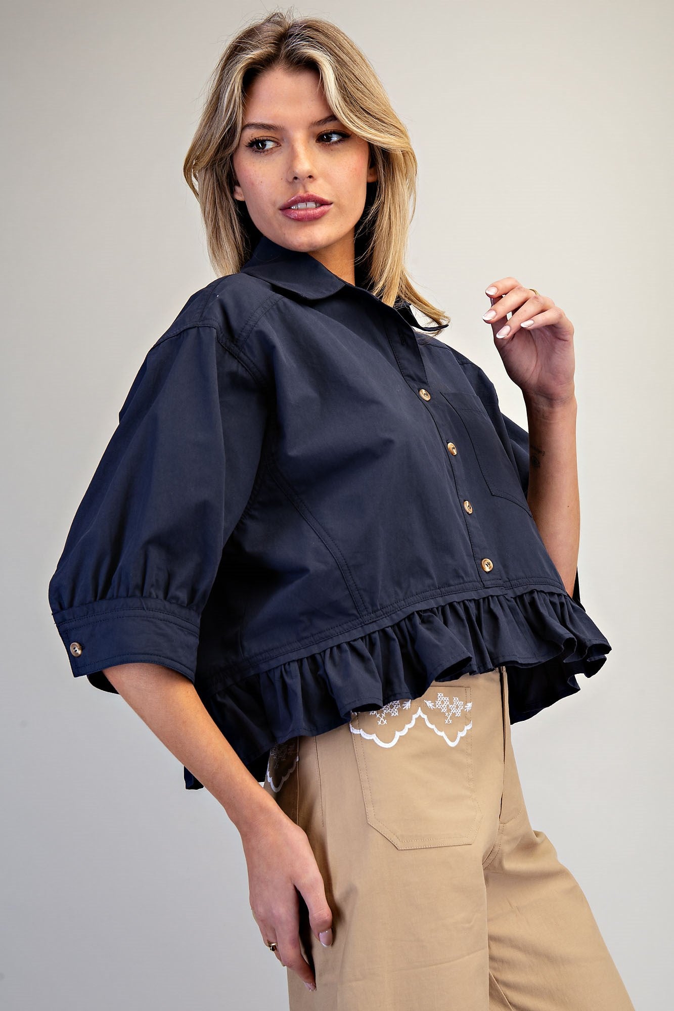 Button Down Peplum Hem Blouse