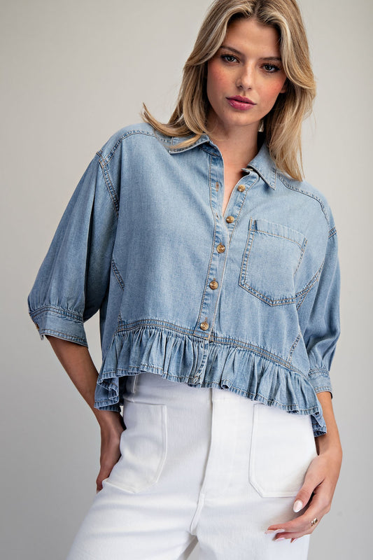 Ruffle Hem Denim Top