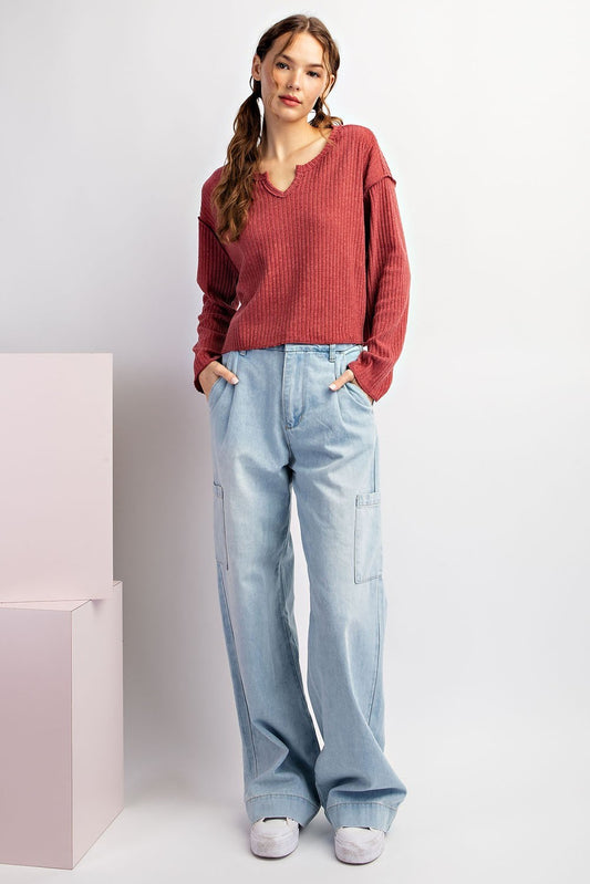 Long Sleeve Notched Neck Top