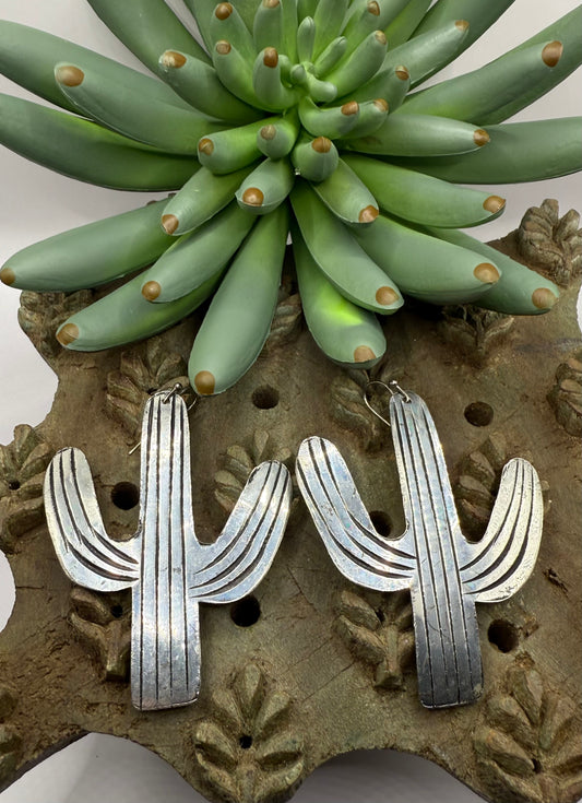 Large Silver Cactus Earrings