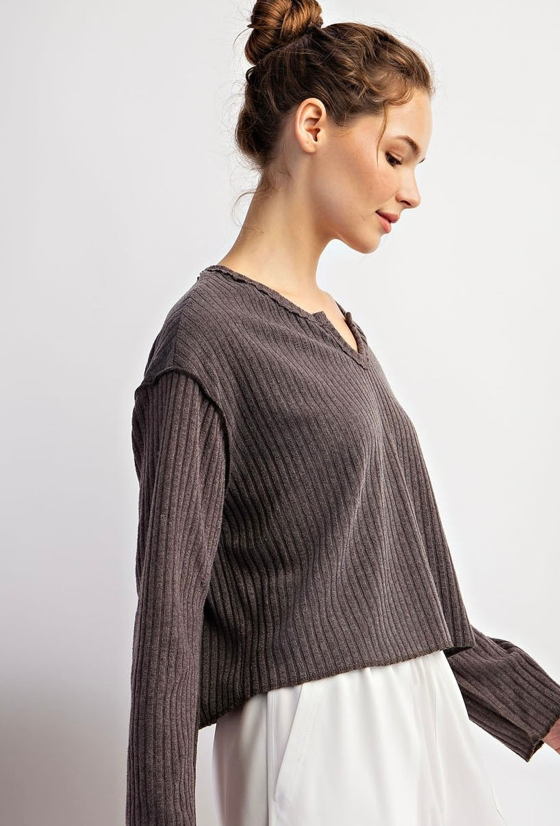 Long Sleeve Notched Neck Top